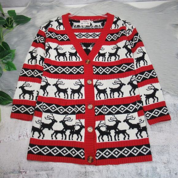 DAISYS BOUTIQUE Elk Reindeer Long Sleeves Knit Christmas Cardigan Sweater Medium - Picture 6 of 13